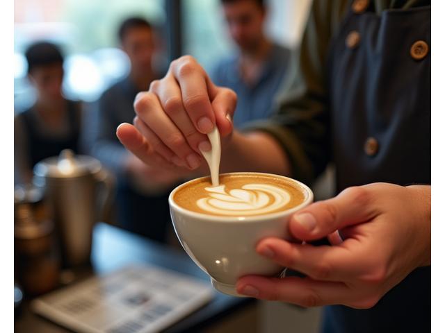 A barista demonstrating latte art techniques with coffee and milk, students watching